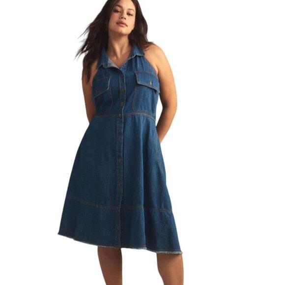 Anthropologie Pilcro Sleeveless Halter Swing Midi Dress Denim Size 1X NWT Jean - Picture 2 of 11